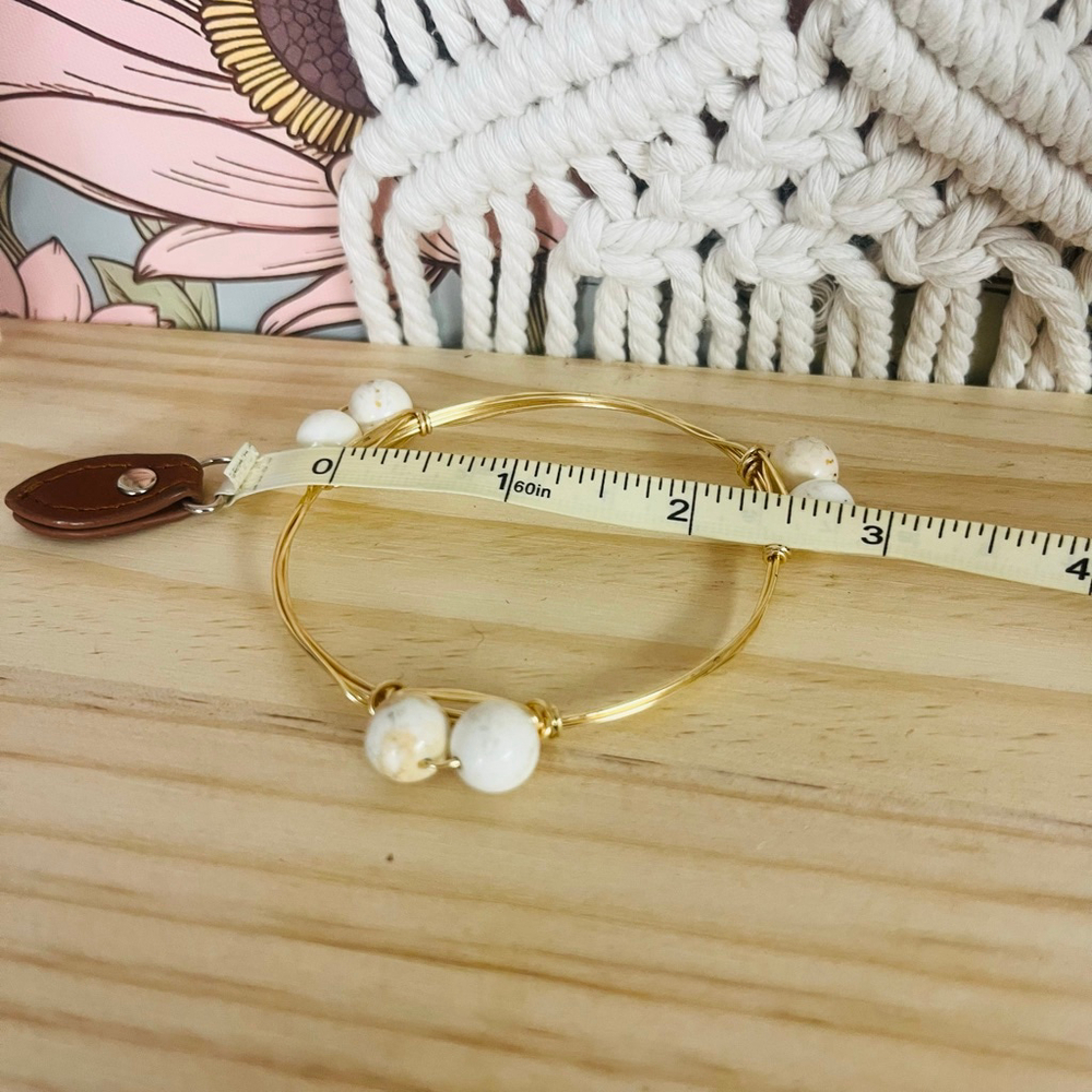 Gold Tone Beaded Bangle Bracelet | White Stone Wire Wrap| Stackable Boho - Picture 7 of 7